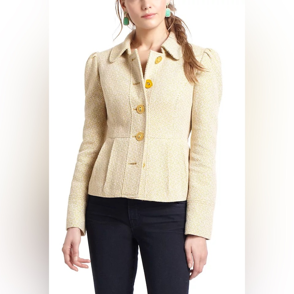 Tabitha Anthropologie peplum coat mustard tweed size 6 EUC